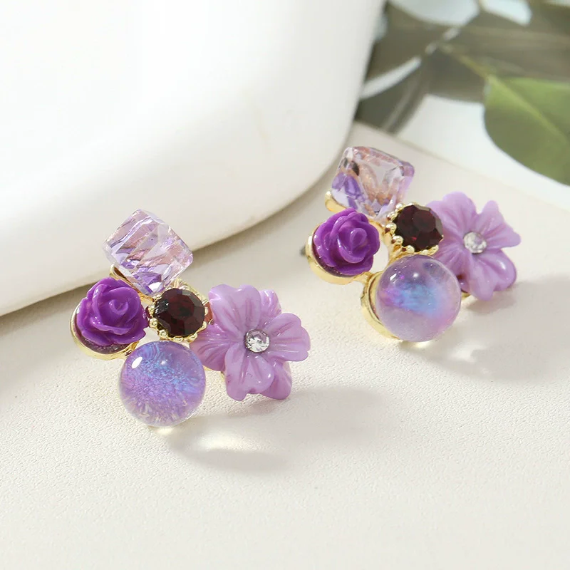 Trendy Purple Crystal Flower Earrings for Women Sweet Acrylic Round Suqare Stud Earrings Party Elegant Jewelry pendientes mujer