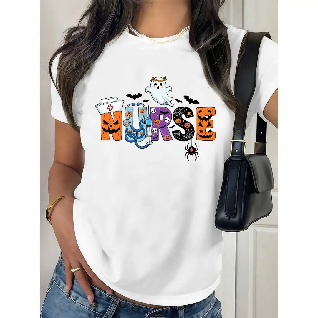 

Halloween Nurse T-Shirt for Women, Spooky Pumpkin Ghost Nurse Graphic Tee, Funny Medical Worker Gift, Fall Autumn Top