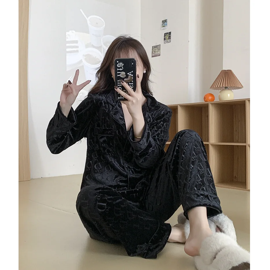 Pigiama donna in velluto nero Set autunno inverno pantalone lungo completo pigiama tuta moda Velour Loungewear Outwear abbigliamento per la casa