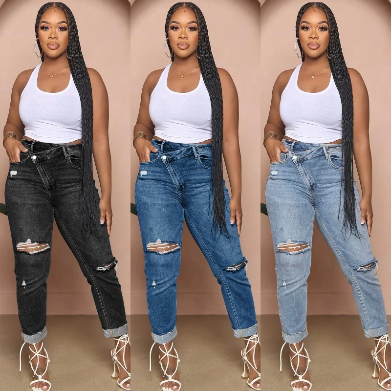 

Women's 2025 New Broken Holes High-Waisted Jeans Women's Slim Small Feet Design Models Trousers Casual Jeans Small Leg Trousers