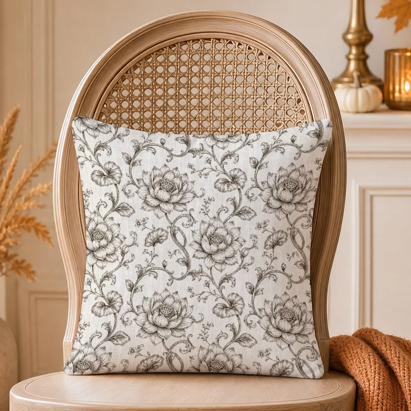 Nordic Water Lily Vintage Cushion Cover Boho Fall Style 1PCS Soft Double Sided Print Pillow Case Holiday Gift,Minimalist Lines