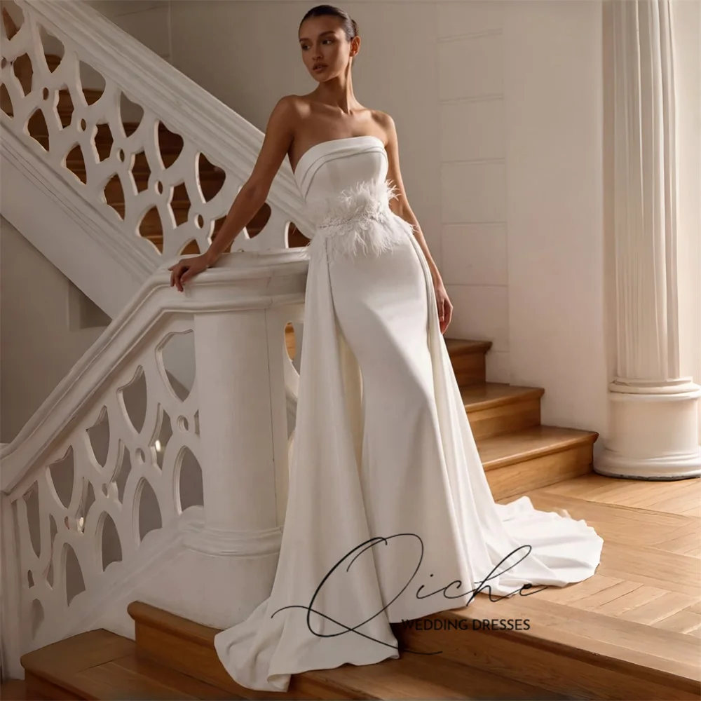 QICHE Elegant Feathers Mermaid Wedding Dresses With Train Strapless Flowers Sleeveless Bridal Gown Customized Vestido De Novia