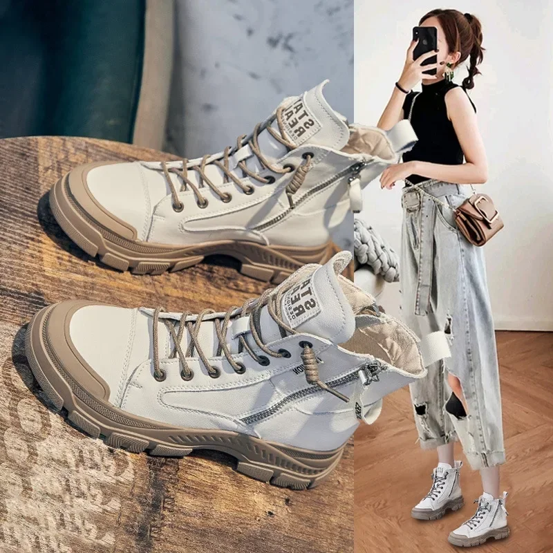 Leather Ankle Boots For Women Heels Short Boots Female Chunky Shoes Woman Flats Platform Heels Women's Shoes Rubber Sole