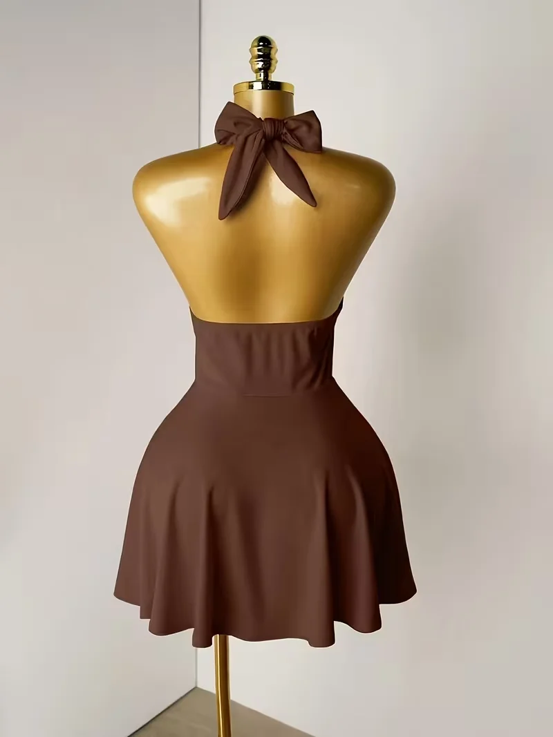 Women Halter Deep V Front Tie Cut Out Mini Dress 2026 Summer Y2K Night Club Party Flare Skirt Dresses
