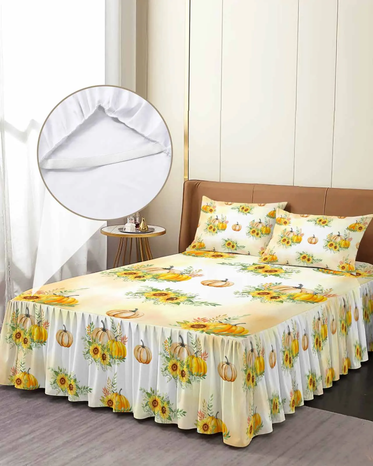 Autumn Thanksgiving Plant Sunflower Pumpkin Skirt Elastic Fitted Bedspread With Pillowcases Mattress Cover Bedding Set Bed Sheet