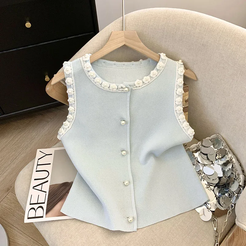 Verão elegante camisola de malha coletes feminino crochê flor sem mangas único breasted topos malhas moda chique senhoras jumpers 2025