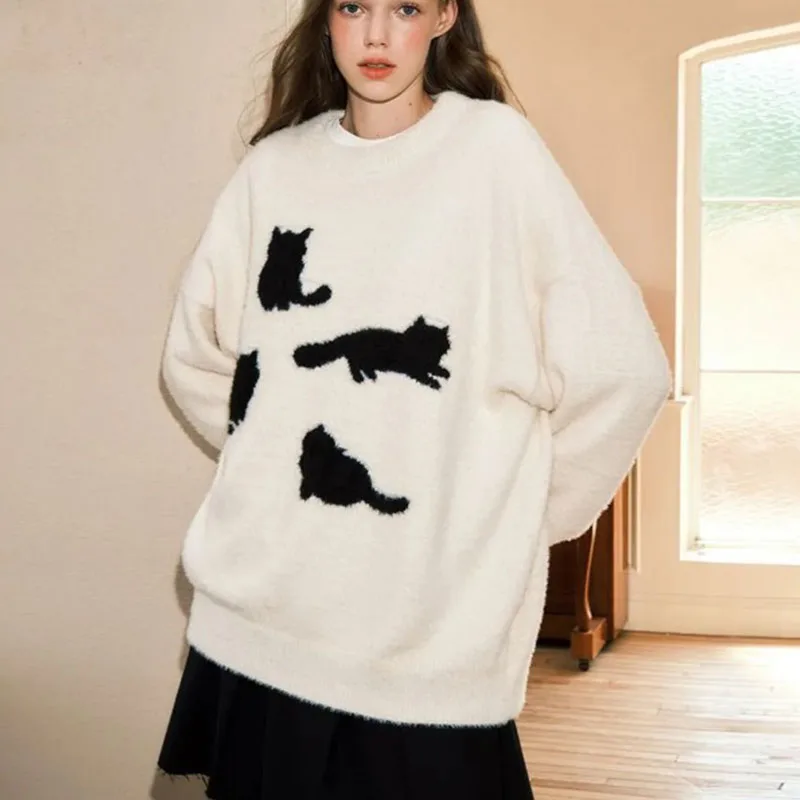 

Cat Mink Fleece Knitted Sweater Women's Autumn Winter Trendy American Retro Loose Lazy Style Jacket