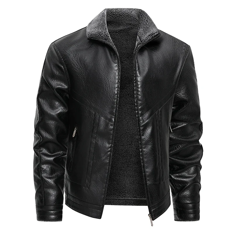 

Men Autumn Winter PU Leather Jackets Fleece Solid Coat Men Business Casual Trendy Overcoat Zipper Lapel Motorcycle Jackets M-8XL