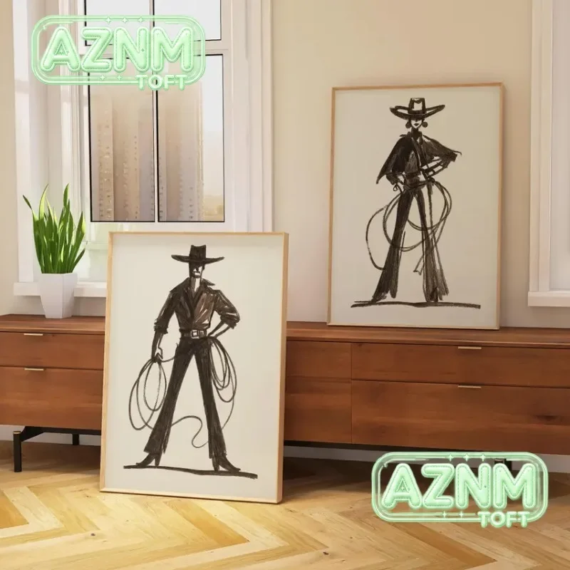 Western Cowboy Cowgirl Line Poster Retro Southwestern Rodeo Fashion Ranch Canvas Painting Wall Art for Living Room Home Decor