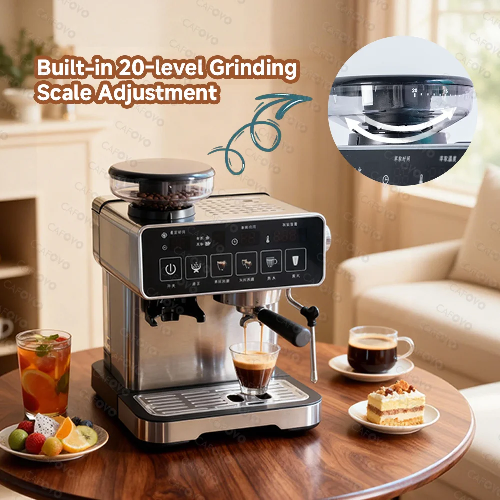 CAFOVO E136 3-in-1 20Bar Espresso Machine with Grinder and Steam Wand PID Temperature Control Coffee Maker for Home Barista 220V