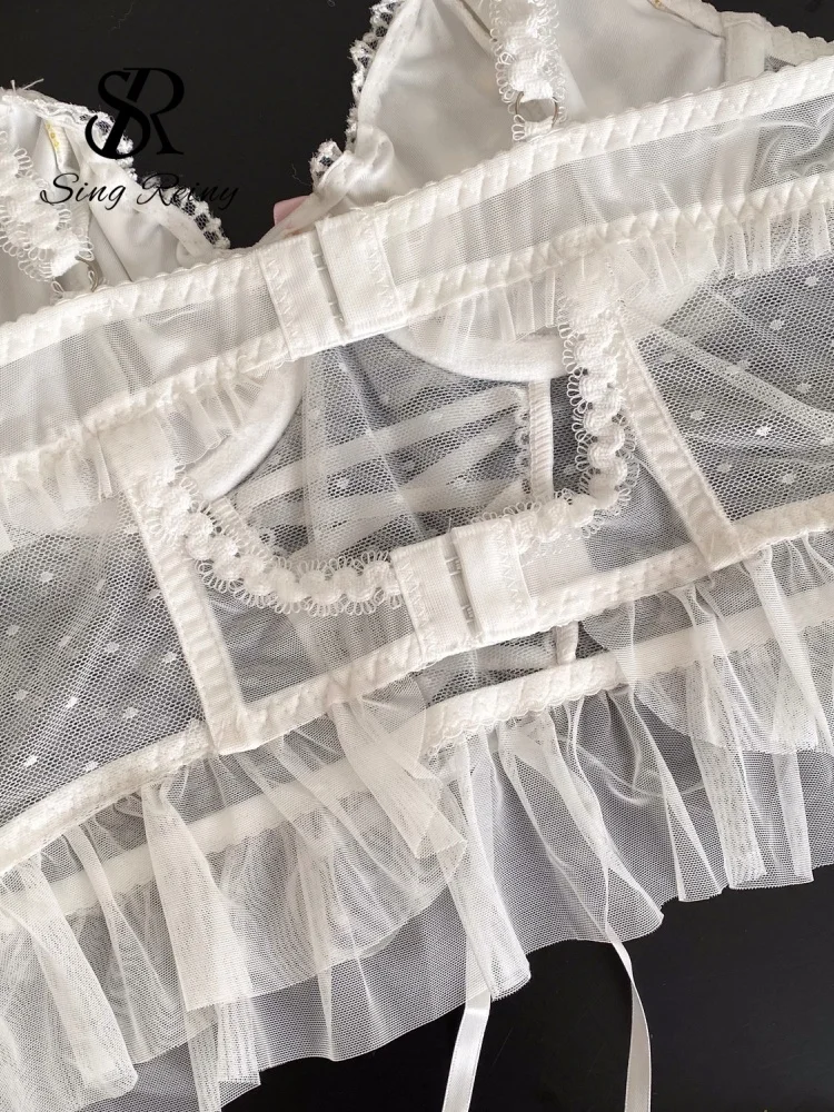 SINGREINY Floral Lace Hotsweet Lingerie Two Piece Sets Women Strap Ruffles Mini Bra+Sheer Thongs Embroidery Mesh Underwear Suits - Image 6