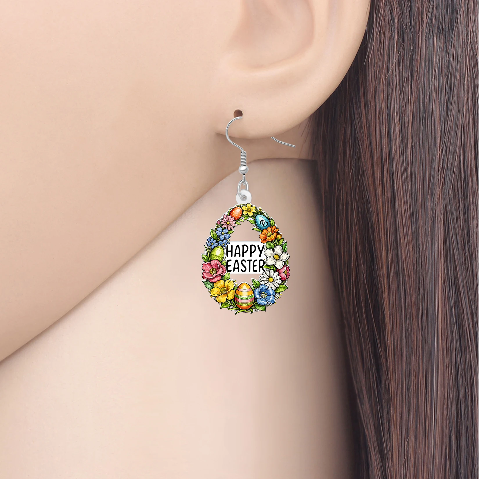 BONSNY Acrylic Happy Easter Eggs Wreath Teardrop Drop Earrings Garden Floral Spring Jewelry Holiday Gifts For Women Girls Charms