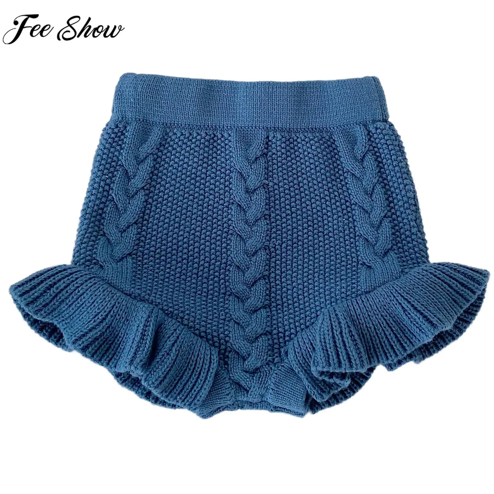 

Children Girls Casual Knitting Shorts Solid Color Twisted Ruffle Hem Bloomers PP Bottoms for Baptism Daily Holiday Home Wear