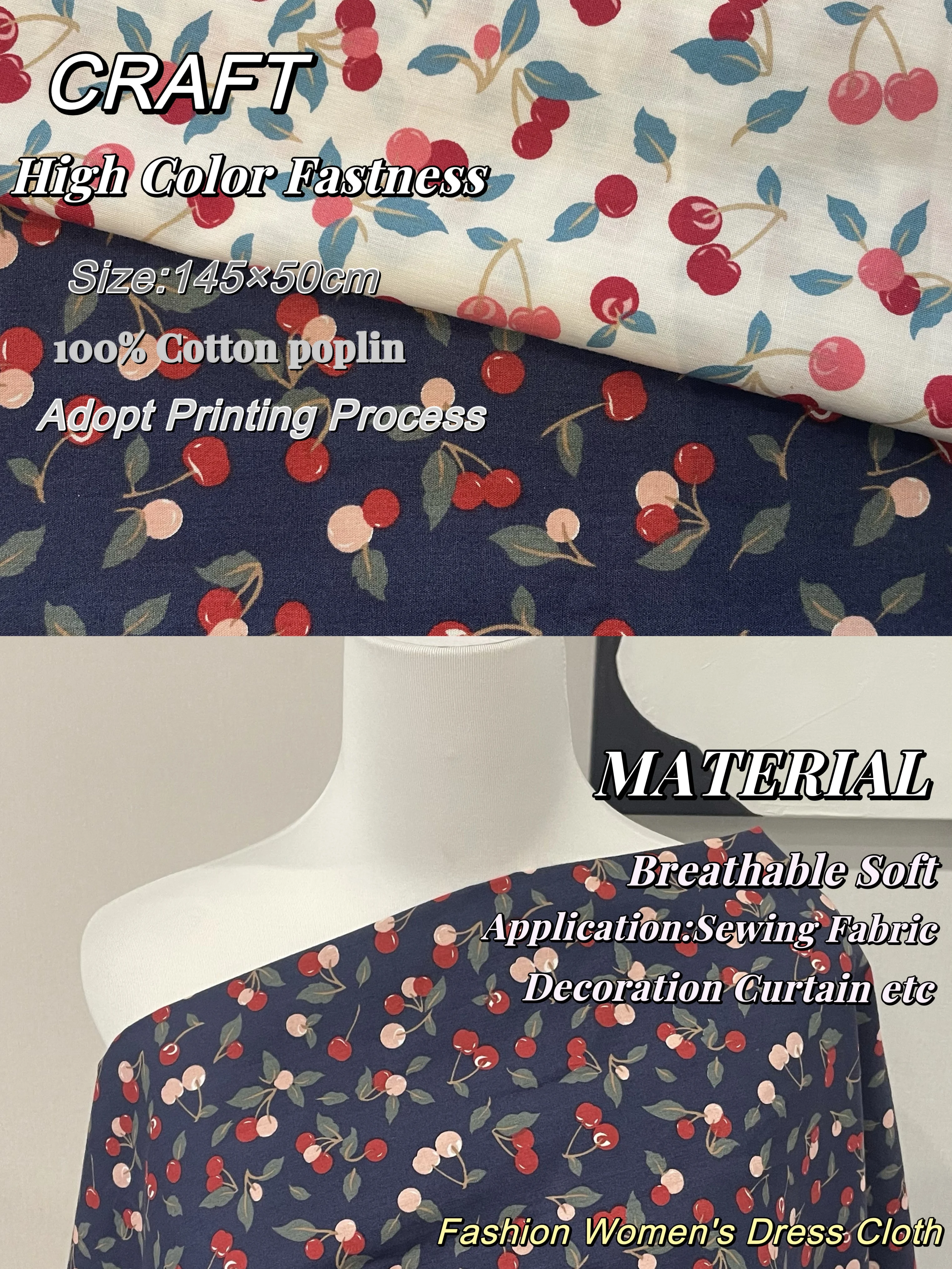 

145×50cm Fruit Cherry 40S Tissun Liberty Cotton Fabric For Kids Baby Sewing Cloth Dresses Skirt DIY Handmade Poplin Patchwork