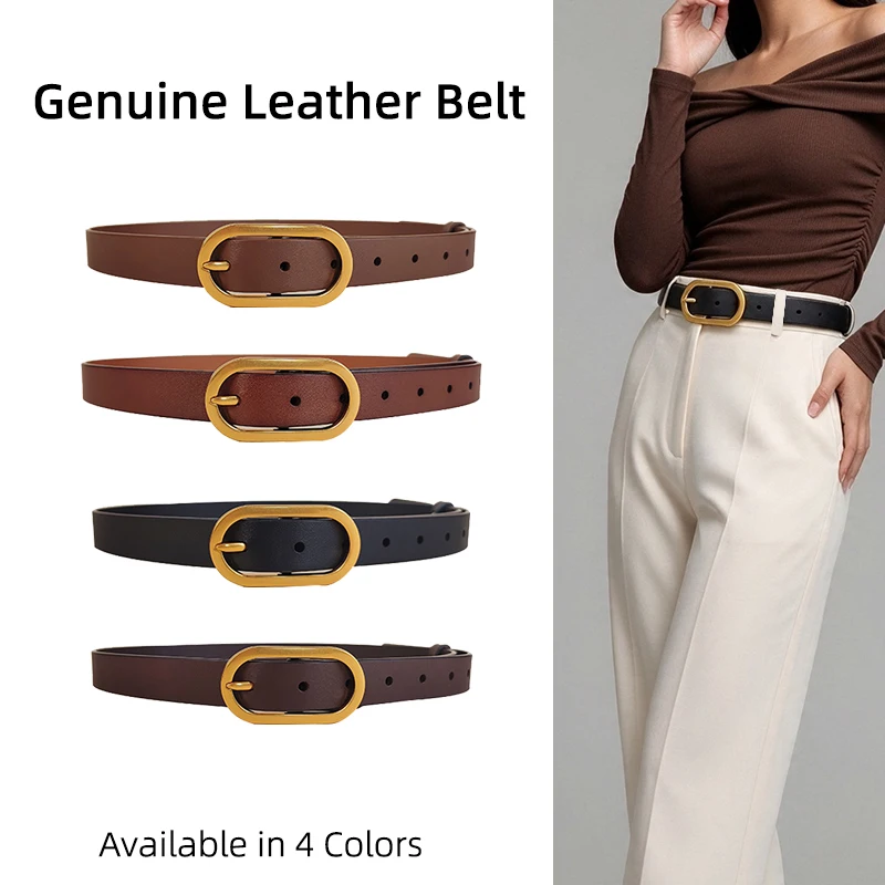 Womens Waist Belt Black Cowhide 2.3cm Gold Oval Buckle for Off Shoulder Top Cream Trousers Minimalist Commute Wear
