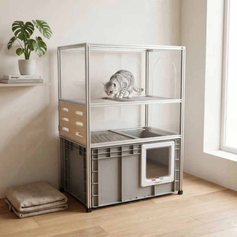 Leak-proof cat litter box aluminum profile acrylic cat litter box three layers