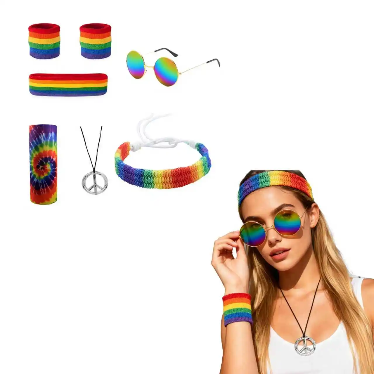 PESENAR Hippie Costume for Men Momen 60s 70s Colorful T-Shirt 5 PCS Accessories Set for Theme Party