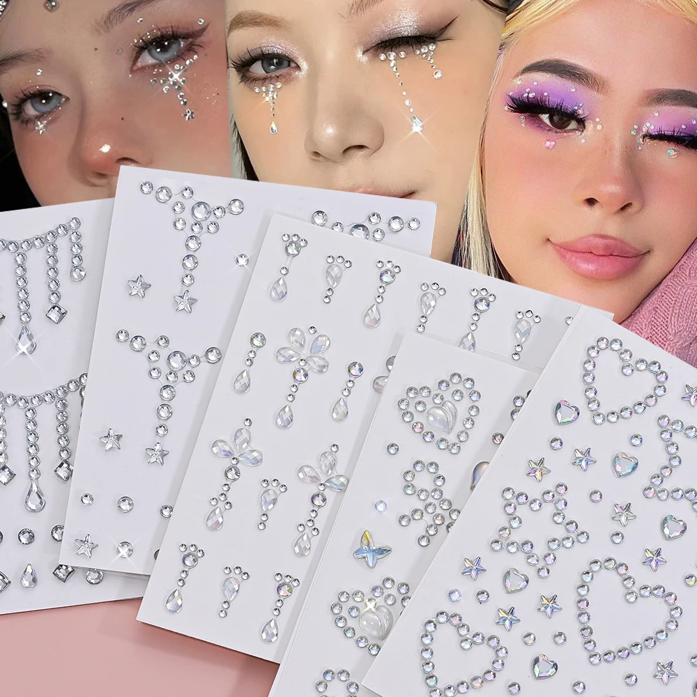 

5pcs 3D Mixed Style Aurora Crystal Face Decal Girl Self-Adhesive Diamond Sticker Kid Hollow Heart/Star/Bow Eye Rhinestone Slider