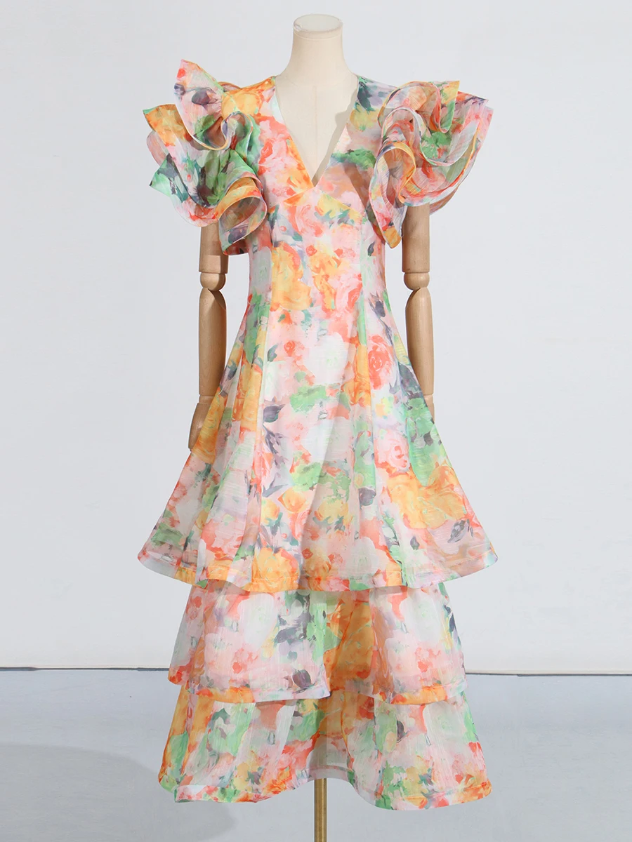 Vgh floral impressão emendado plissado vestidos longos para mulheres com decote em v manga curta cintura alta retalhos em camadas vestido longo feminino novo