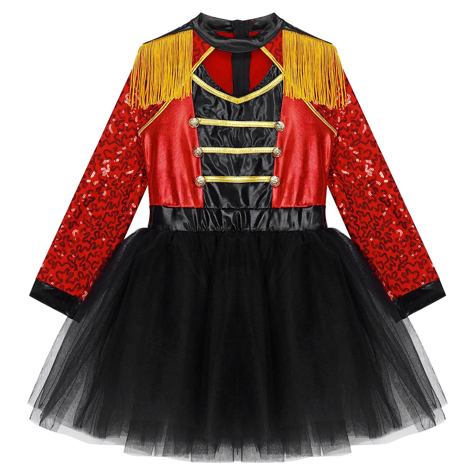 Kids Girls Circus Ringmaster Costumes Long Sleeve Sequins Tassel Mesh Tutu Dress Magician Stage Halloween Carnival Party Outfits