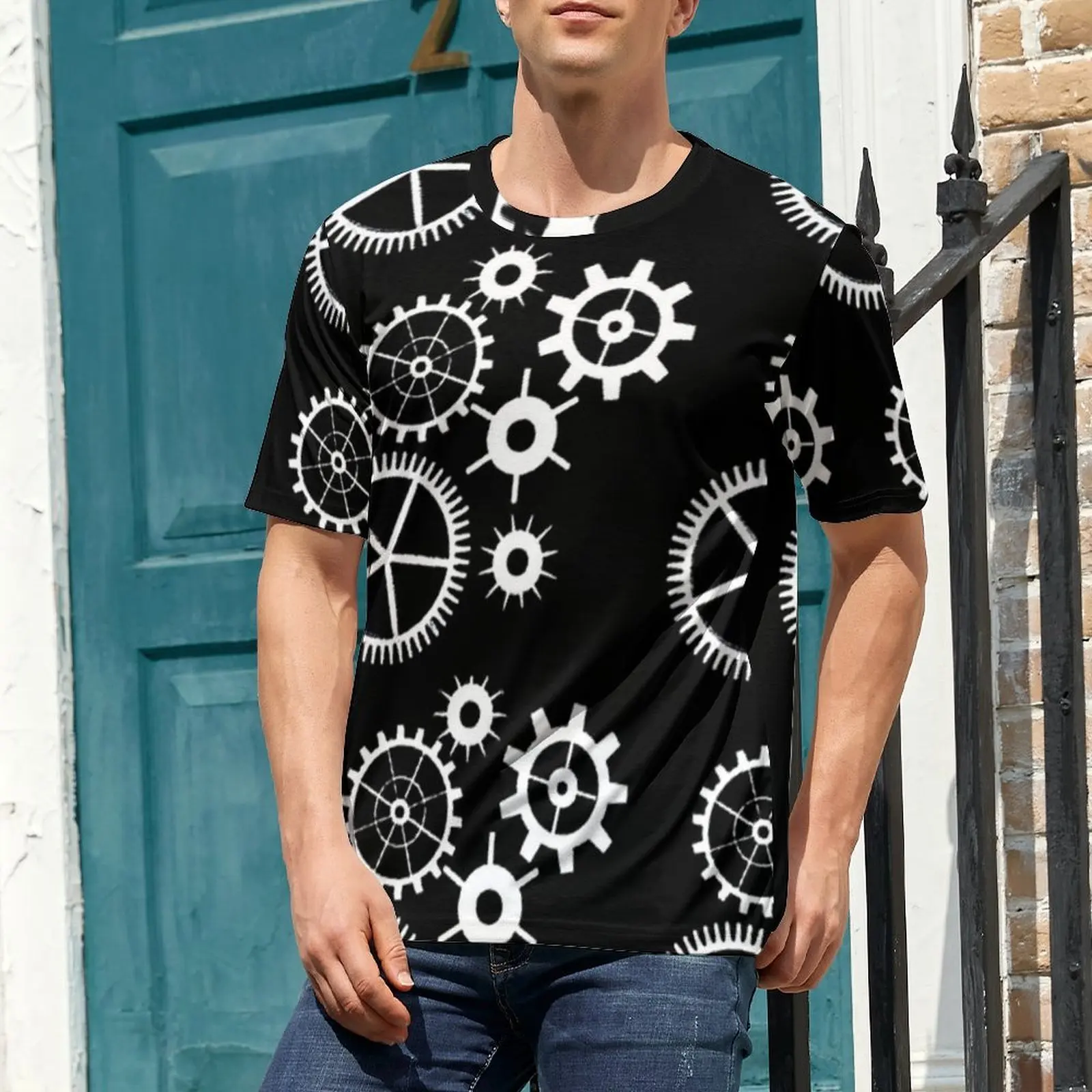 Summer T-Shirt Steampunk Black And White T Shirts Technology Gears Monochrome Funny Popular Tee Shirt For Men Big Size Tops