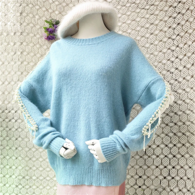 Ladies Women Spring Autumn Fashion Beading Hairy Mohair Wool Knitted O-Neck Long Sleeves Loose Pullover Sweater Jumper Pull Top