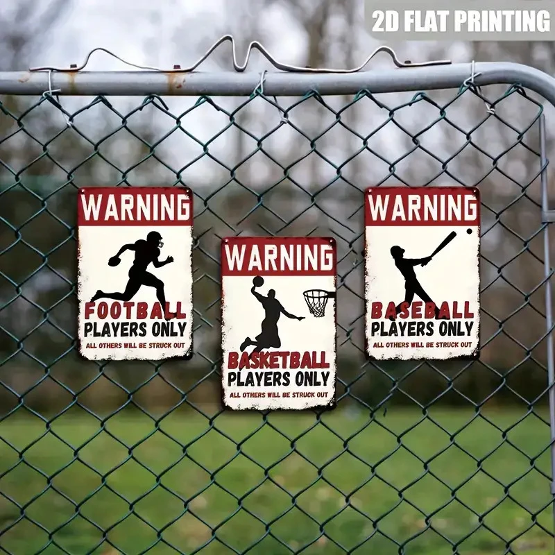 3Pcs Retro Athletic Warning Metal Tin Sign Football Basketball Baseball Silhouette Print Chain Link Fence Backyard Sports Decor