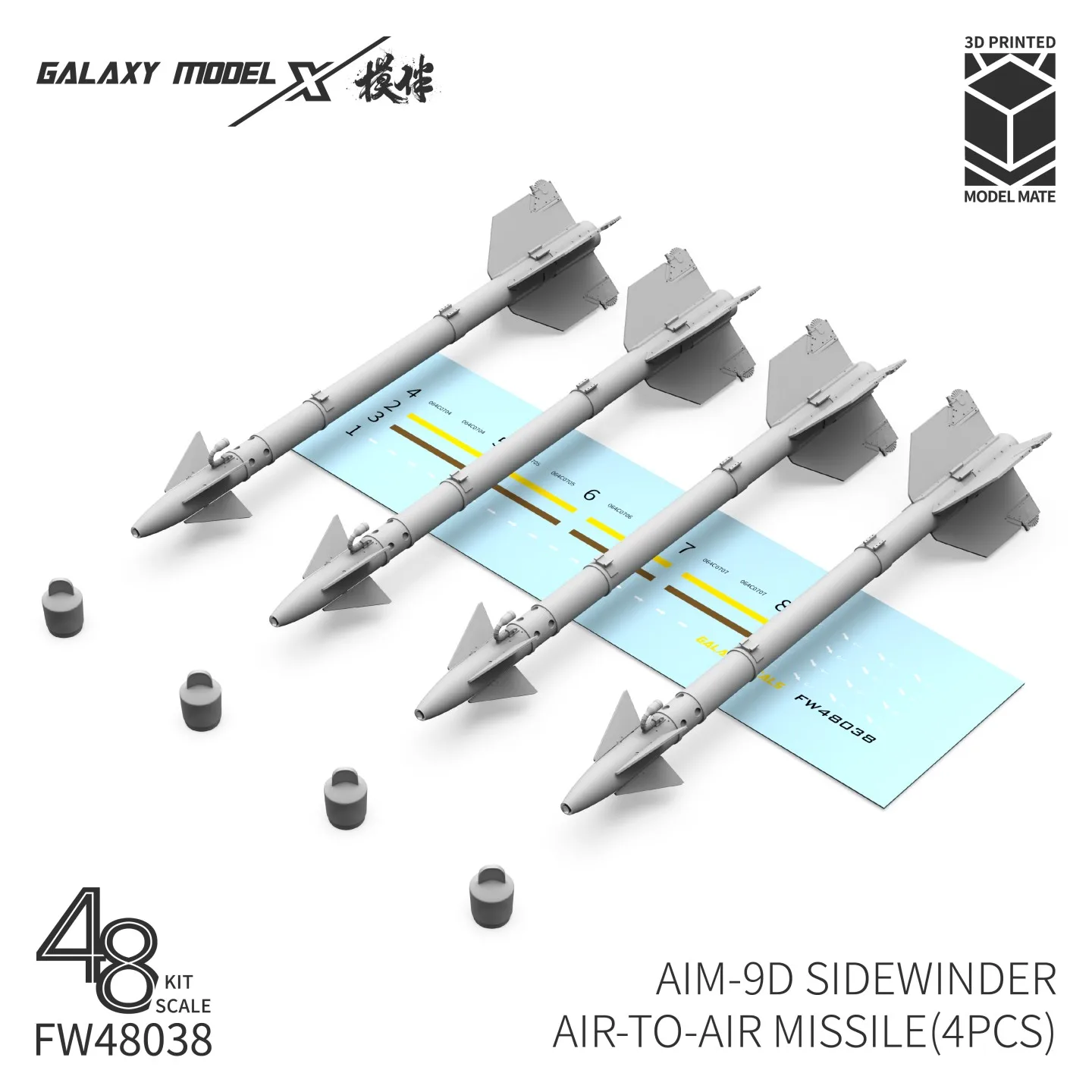 갤럭시 FW48036~FW48043 1/48 스케일 AIM-9A/B 사이드와인더 공대공 미사일(4개) 3D 레진 프린트 군사 모델 취미 DIY 제작