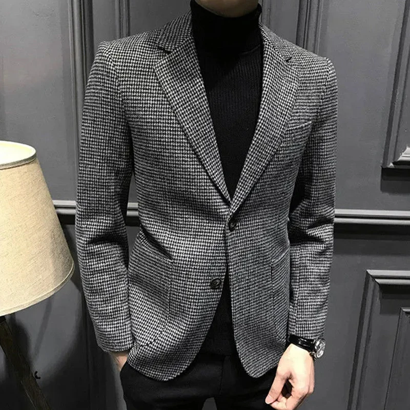 Men\'s Suit Jacket Gray Houndstooth Wool Tweed Retro Thickening Jacket Formal Business Jacket Groomman for Wedding Jacket 2022