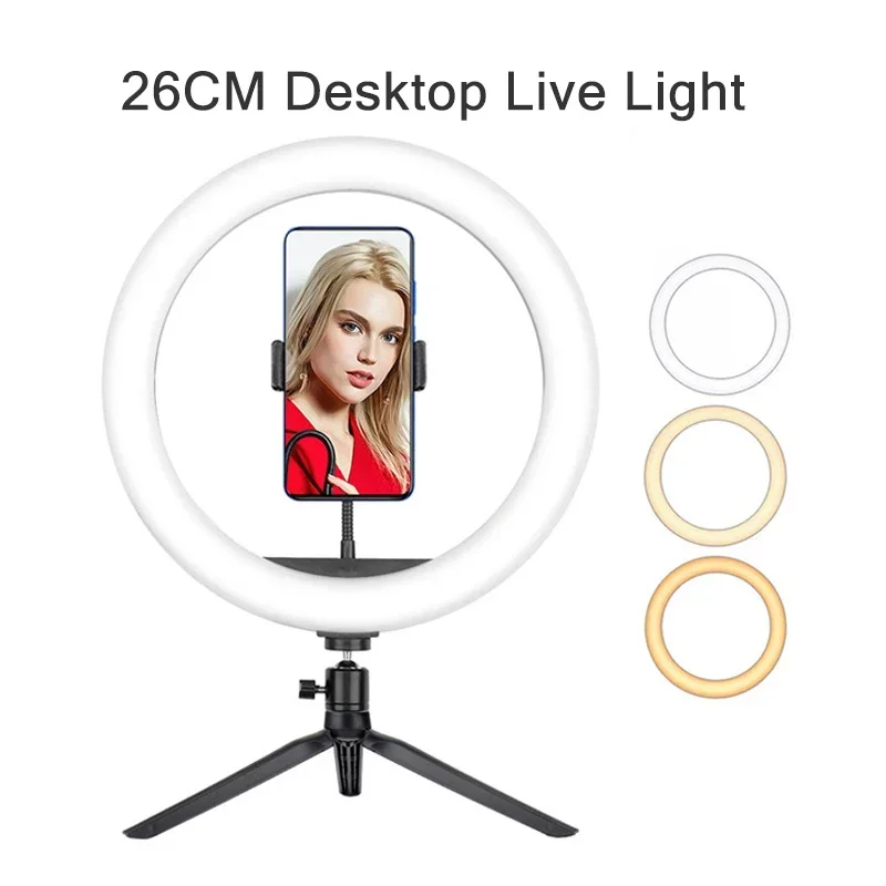 10 inch Desktop Selfie Ring Light Tripod Stand 10 Brightness Level 3 Light Modes Lamp for YouTube Video Live Makeup Photography