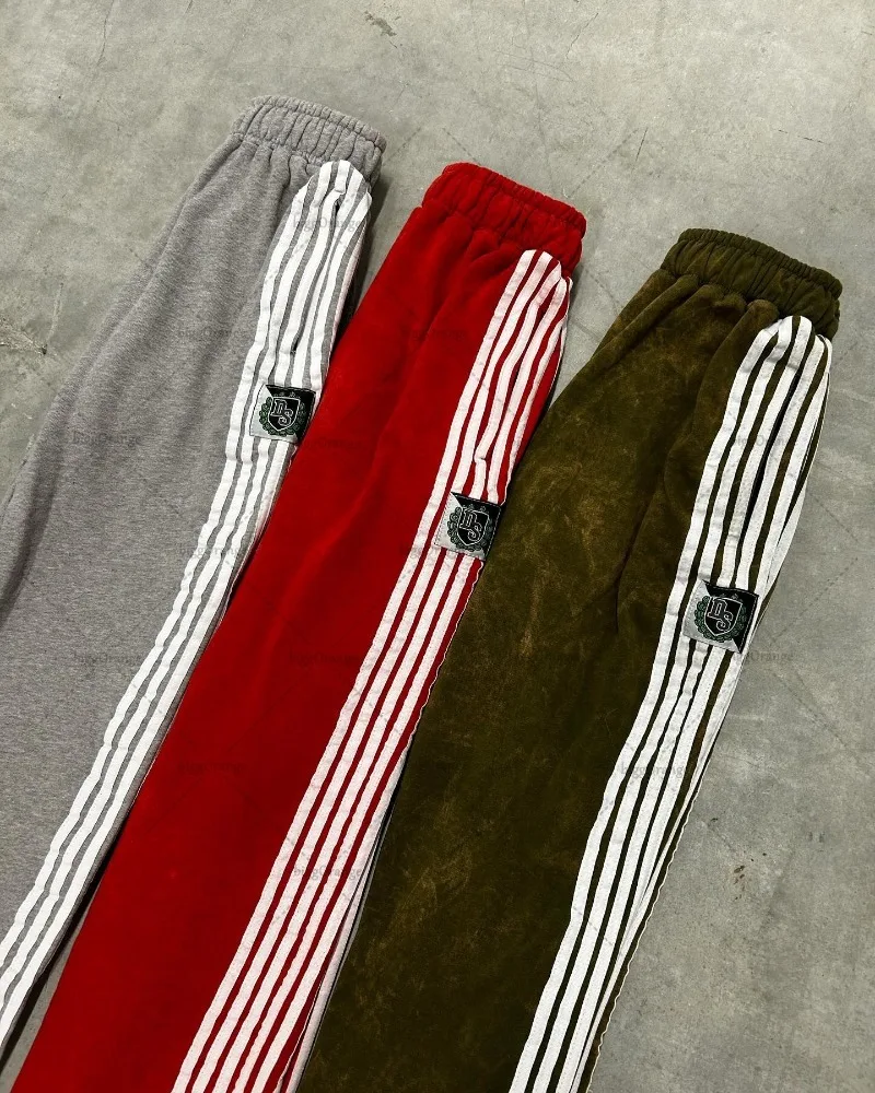 Pantalones casuales a rayas para hombres y mujeres, pantalones de pierna ancha de cintura alta, pantalones Retro de Hip-hop, moda urbana americana,