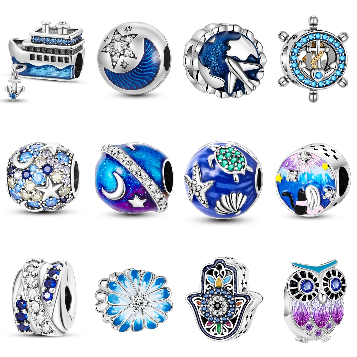 New 925 Sterling Silver Ship Airplane Moon Flower Blue Series Beads Charm Fit Original Pandora Bracelet DIY Jewelry For Women