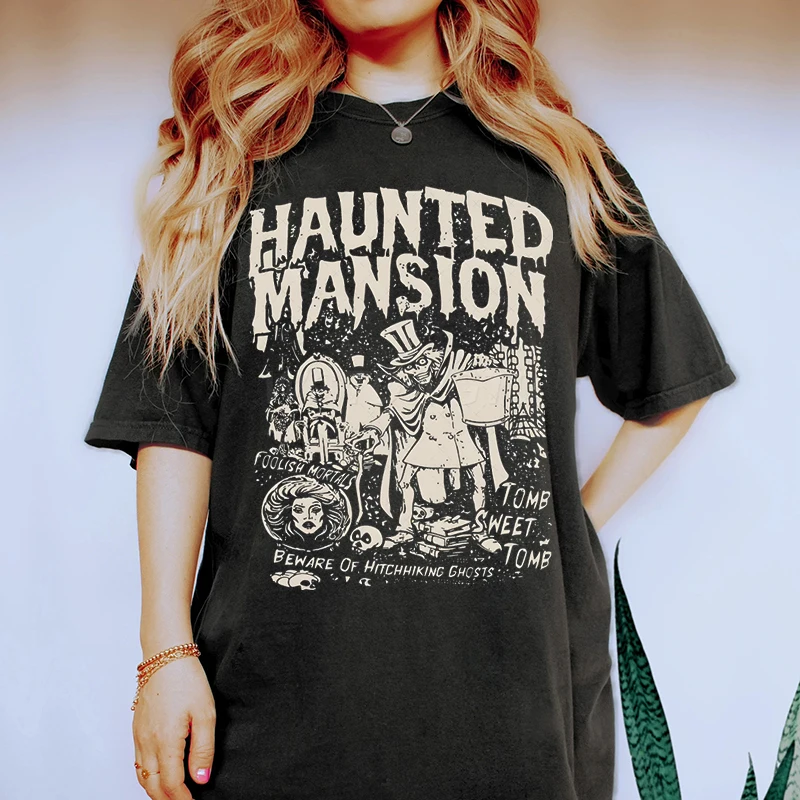 Camisetas de Mansión Encantada de Disney para Halloween para mujer, camisetas de terror, camisetas gráficas de manga corta con cuello redondo a la moda, camiseta de gran tamaño
