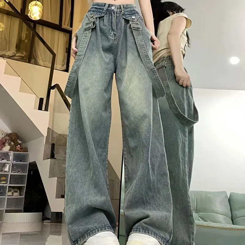 American Retro Detachable Suspender Trousers Spring Autumn Wide Leg Female Clothing Denim Pants High Waist Button Loose Jeans