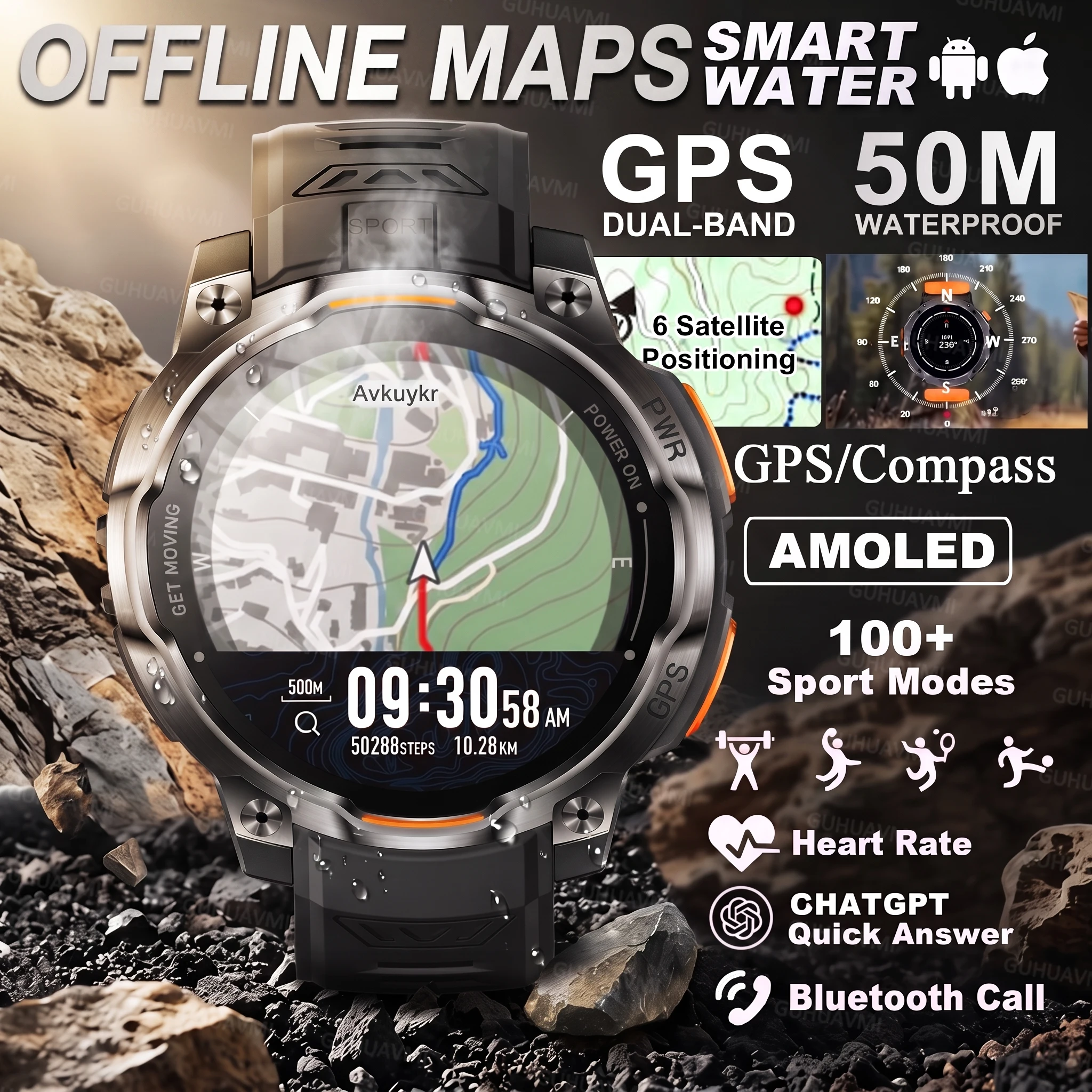 2026New Top Offline Map New Smart Watch 5ATM Waterproof GPS Navigation Compass Altimeter Flashlight Men 100+ Sports Bracelet Men