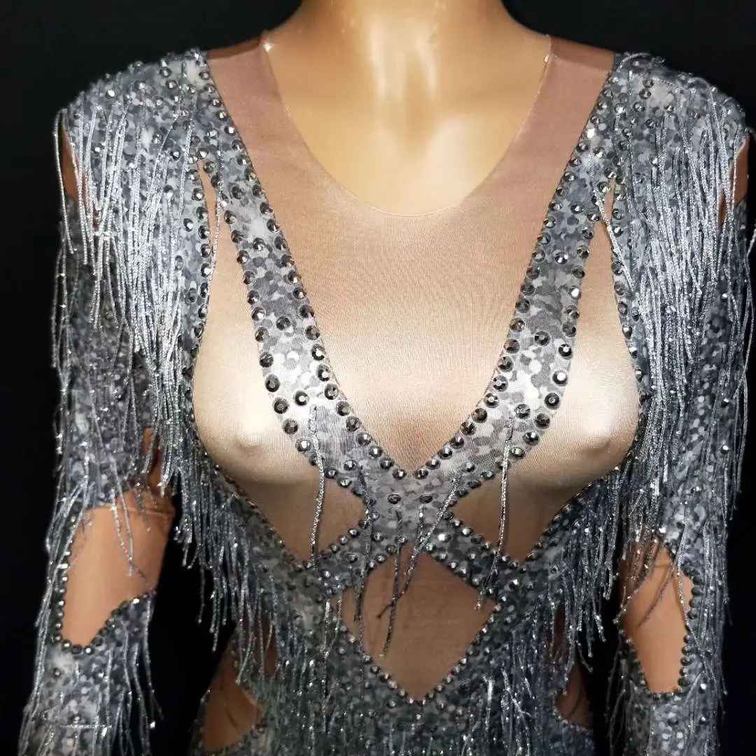 IN STOCK High Qulity Sparkly Tassels Printing Sexy Sheath Jumpsuit Nightclub Singer DJ Performance Costume Dancer Stage Wear