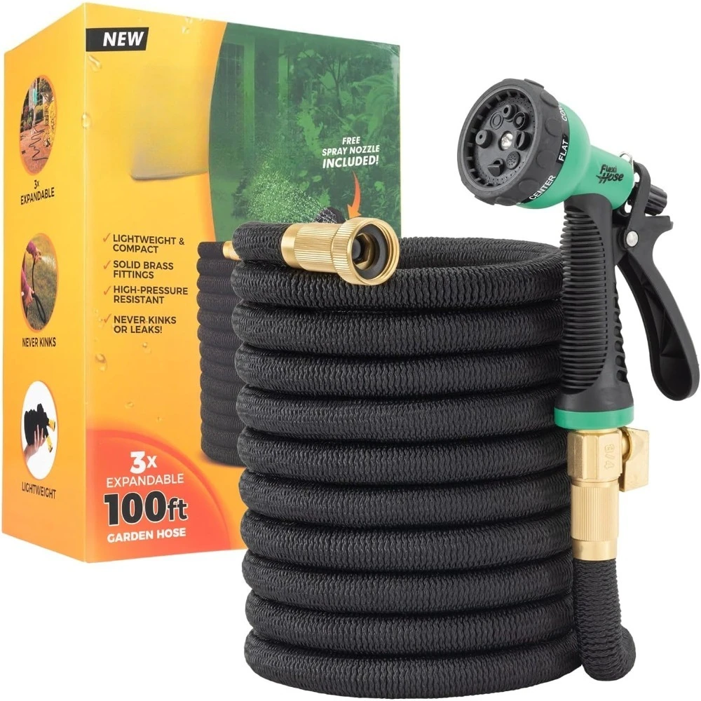 

US Shipping Expandable Garden Hose 100FT 8 Function Nozzle Lightweight Retractable Water Hose No-Kink Flexible 3/4 Inch Brass