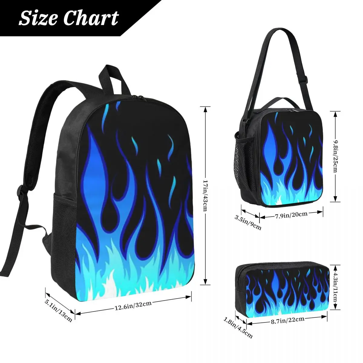 Big Fire Flames Burning Flame Backpack Student BookBag School Bag Laptop Shoulder Bags 3ps Insulated Lunch Bag Pencil Case