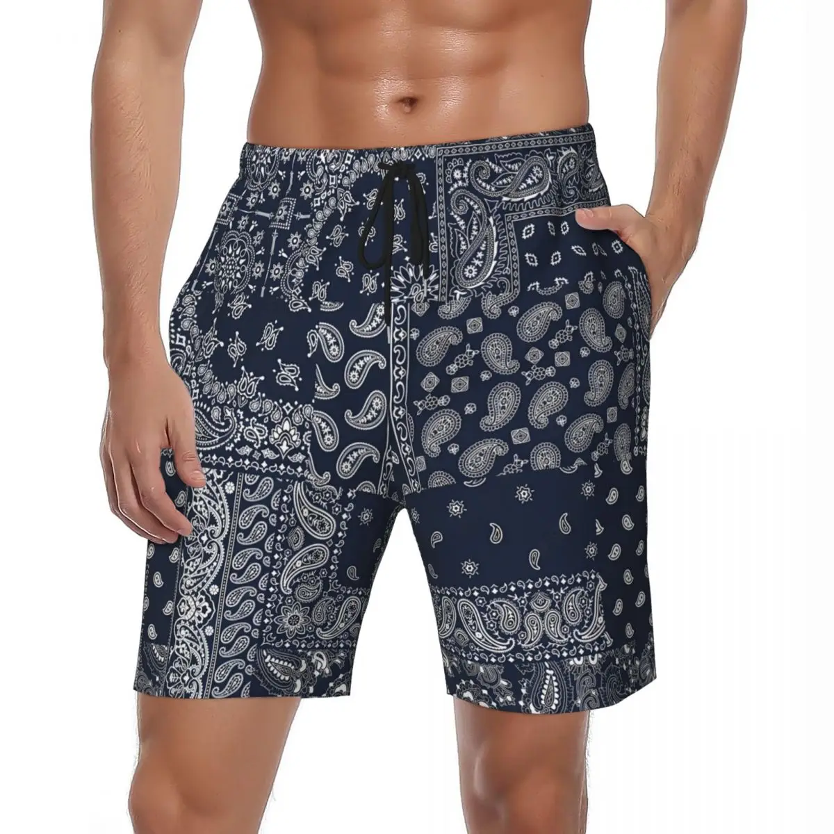 Blauwe Bandana Hoofddoek Paisley Boardshort Zomer Abstractcasual Board Korte Broek Heren Sportkleding Sneldrogend Custom Zwemkoffer