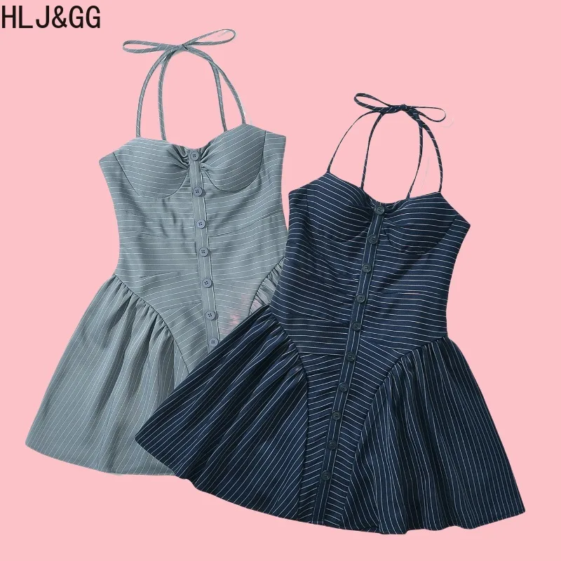 HLJ&GG Sexy Stripe Patchwork Bodycon Dresses Women Halter Sleeveless Backless Single Breasted Dress Female Streetwear Vestidos