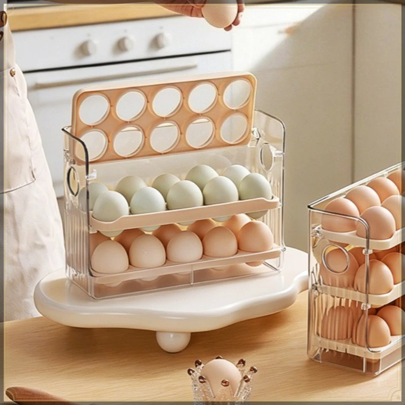 PET & PP Egg Storage Rack Large Capacity Automatic Pop Up Design for Fridge Side Door Kitchen Fresh Keeping Egg Storage Holder