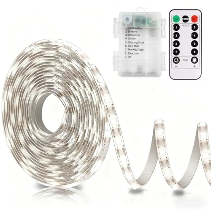 

Battery Operated Led Strip Lights White with Remote, 8 Modes, Dimmable, Timer, Self-Adhesive, Cuttable, for PC TV Kitchen Cabin