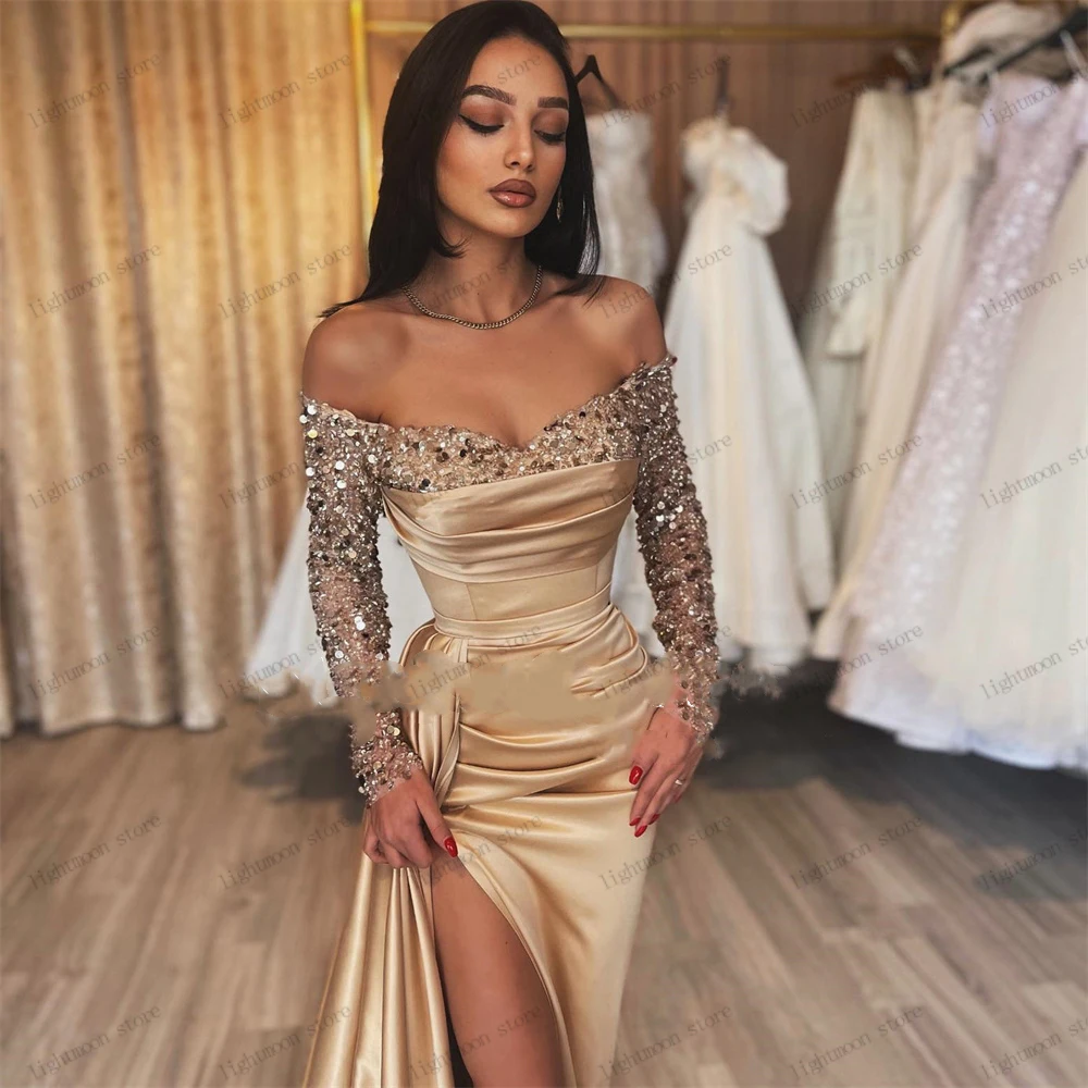 Glitter Evening Dresses Satin Prom Dress Boat Neck Off The Shoulder Sheath Mermaid Beading Appliques Elegant vestidos de noche