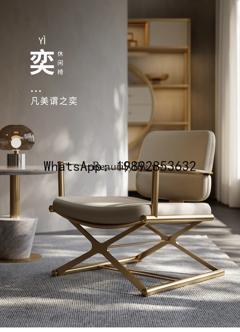 luxury leisure chair stainless steel high backrest villa study leather sofa chair