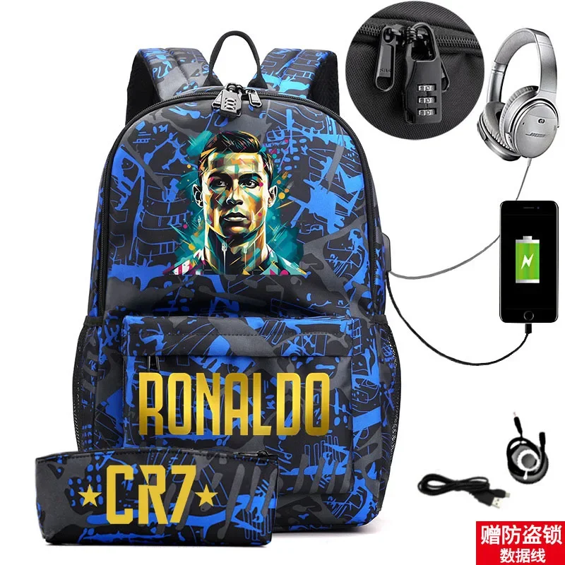 Ronaldo printed backpack casual student school bag usb bag with lock outdoor travel bag computer bag pencil case 2-piece set