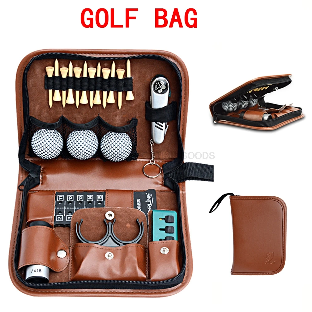 Juego de bolsas de golf de cuero artificial y de imitación, bolsa de golf, telémetro de transporte, cepillo de cuchillo, clip de bola, kit de herramientas de transporte, puntuación de Tee,