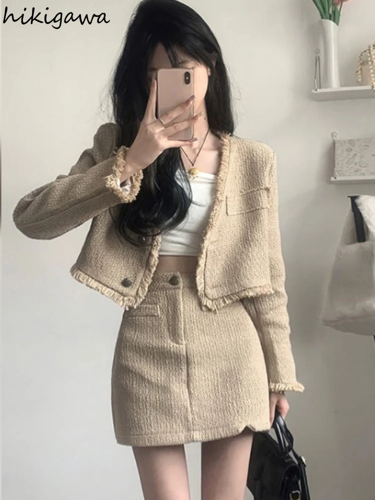 Temperament Women Clothing 2 Piece Sets V-neck Long Sleeve Tassel Coat High Waist Tunic Mini Bodycon Skirt Outfits Korean Suit