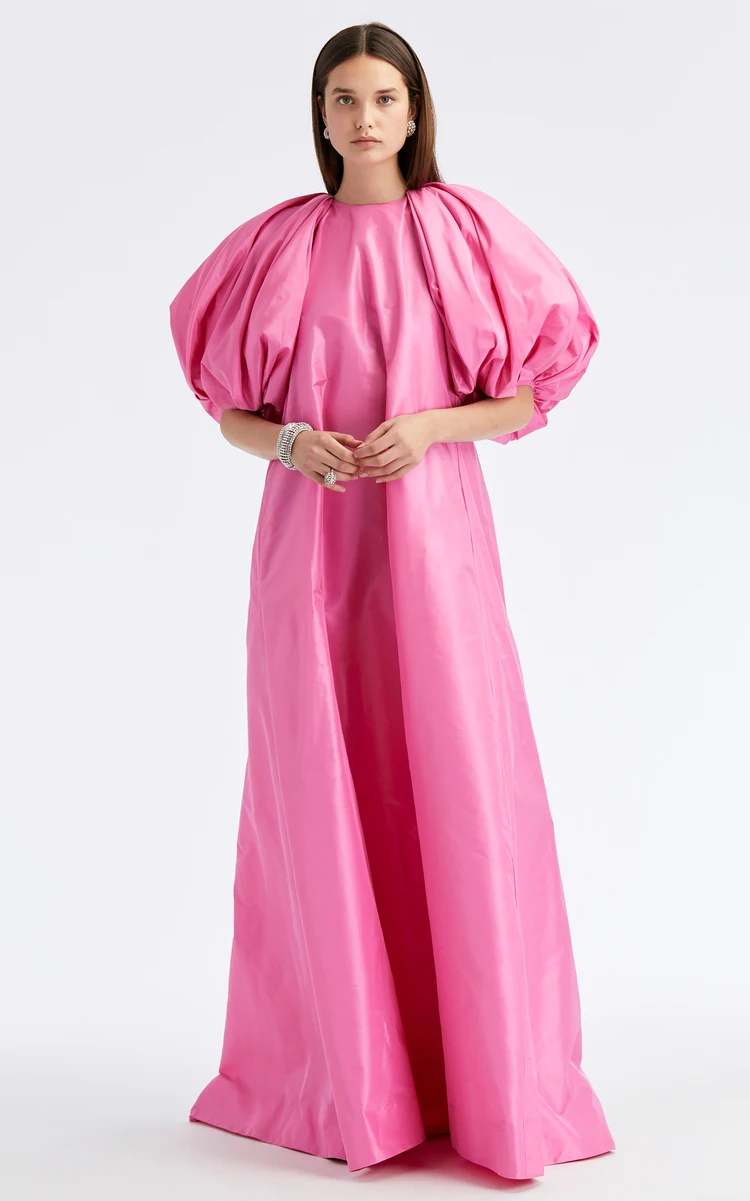 ชุดเดรส Maxi Taffeta caftan ผ้าไหมสวยแขนพองชุดเดรสราตรีสีชมพูขนาดใหญ่ผูกโบว์