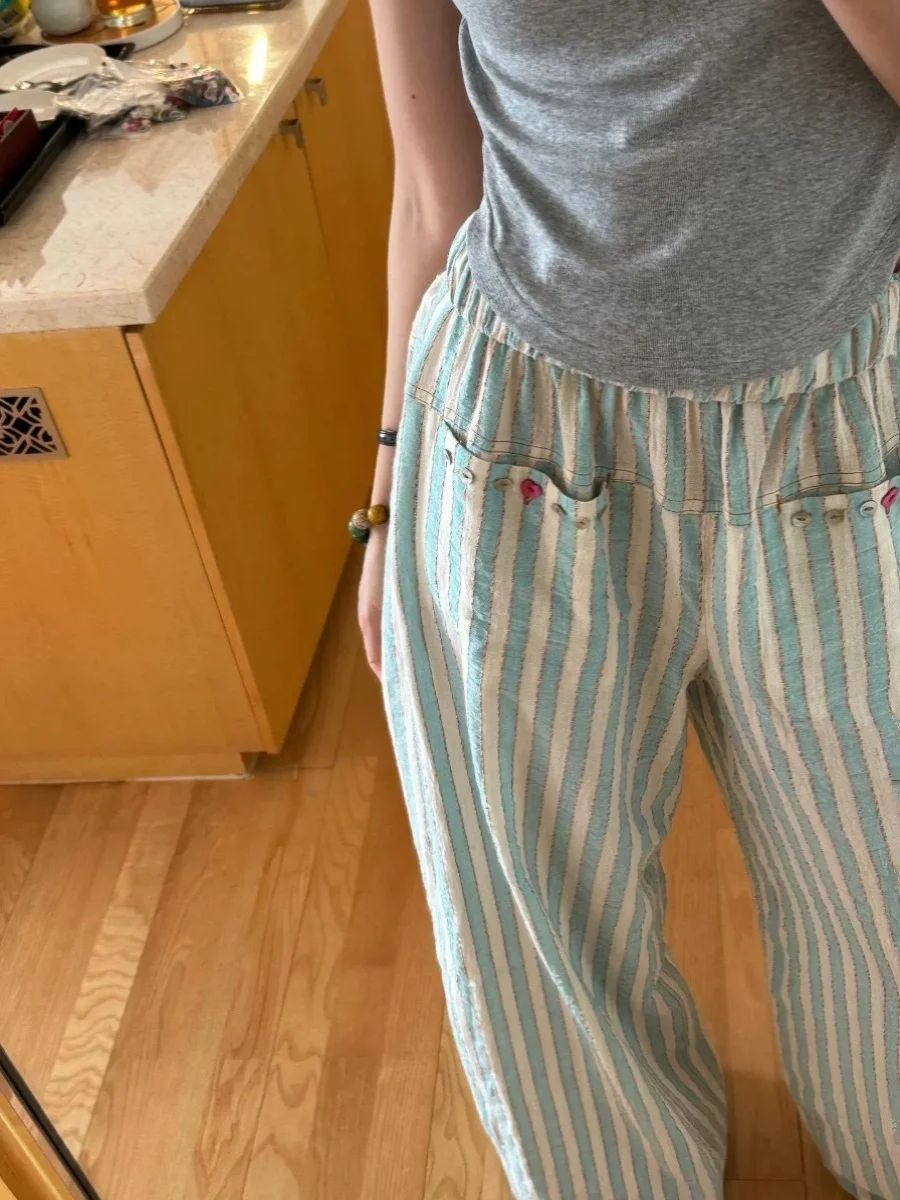 

Корейский дизайн, повседневные полосатые брюки, женские летние новые домашние широкие свободные длинные брюки больших размеров, верхняя одежда