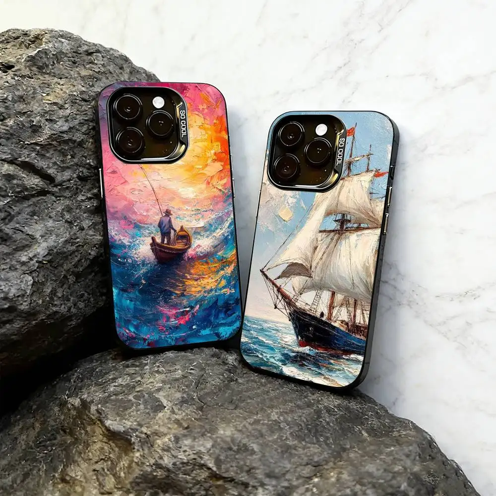 

Oil painting sailboat Phone Case For iPhone 17,16,15,14,13,12,11 Plus,Pro Max,XS,Colored Silver Plated Inside Cover